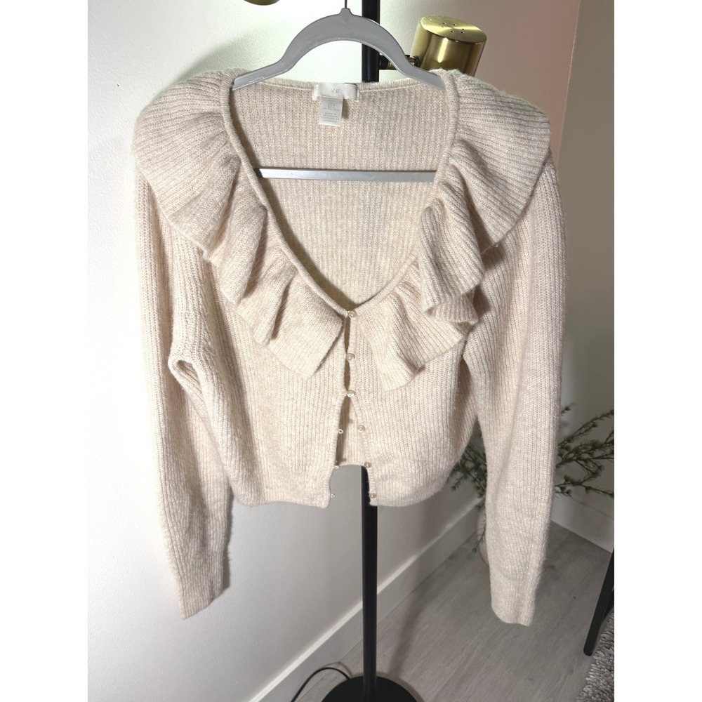H&M romantic ruffle french button front parisian oatmeal cozy soft cool LG layer